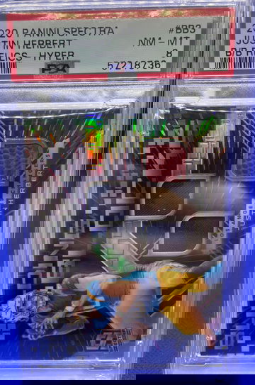 2020 Panini Spectra Justin Herbert RC Building Blocks Relics Hyper 6/75 PSA 8 SP