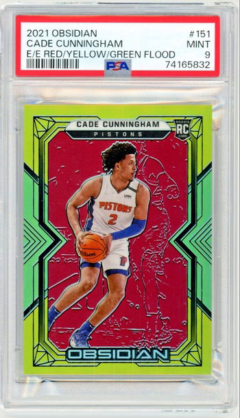 CADE CUNNINGHAM 2021-22 Panini Obsidian Electric Etch Red Yellow Green Flood Rc #34/99 PSA 9