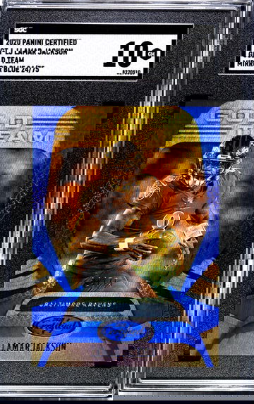 2020 panini certified lamar jackson gold team blue mirror /75 sgc 10