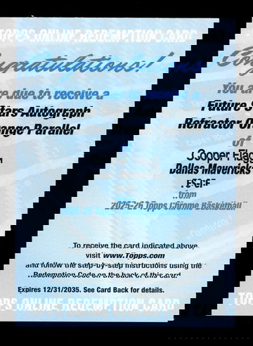 COOPER FLAGG 2025-26 Topps Chrome Future Stars Rookie AUTO ORANGE Refractor /25 REDEMPTION