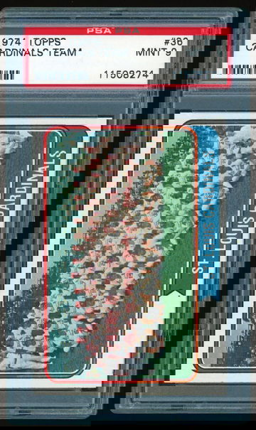 1974 TOPPS - CARDINALS TEAM CARD - PSA 9 MINT - CARD #36 - ST. LOUIS CARDINALS