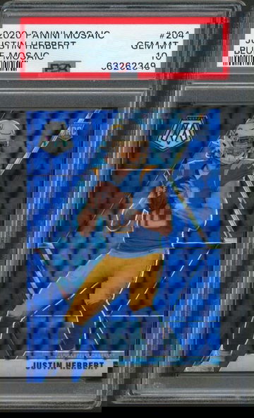 2020 Panini Mosaic Justin Herbert 204 Blue Prizm RC Rookie /99 PSA 10 Chargers