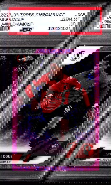 2022-23 Topps Chrome UEFA Club Competition Pink Mini-Diamond #'d 50/175 Desire Doue RC PSA 10