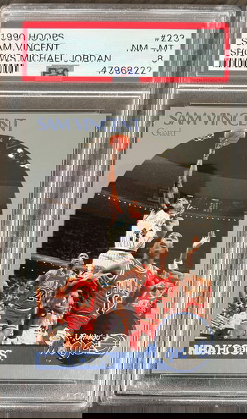 1990-91 Hoops #223 Sam Vincent w/Michael Jordan Wearing #12 Jersey PSA 8