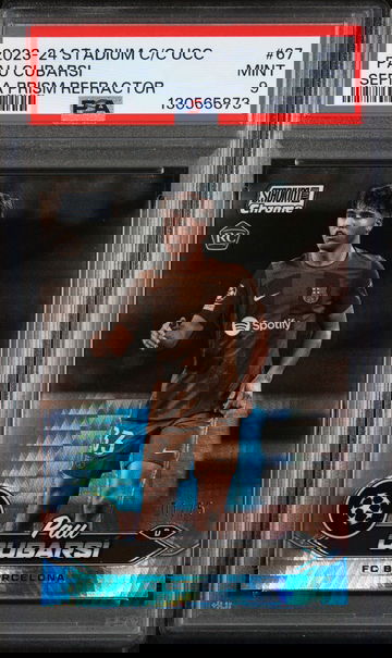 2023 Topps Stadium Club Chrome UEFA Club Competitions Sepia Prism Refractor Pau Cubarsí #67 /75 PSA 9