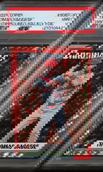 2025 Topps 1990 Topps Baseball Series 2-Orange Crackle Foil Thomas Saggese #90B2-30 /25 PSA 9