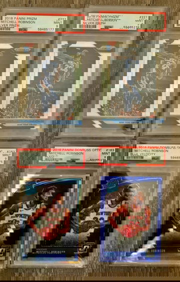 4 card Mitchell Robinson 2018-19 PSA 9 Rookie RC Lot - 2 Silver Prizm, 1 Optic Holo, 1 Optic Blue Velocity