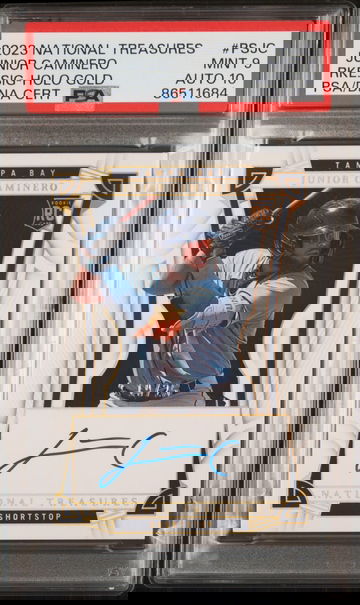 2023 National Treasures Junior Caminero Holo Gold Auto #/25 PSA 9/10