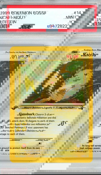 1999 POKEMON FOSSIL RAICHU HOLO #14 1ST EDITION PSA 9 MINT