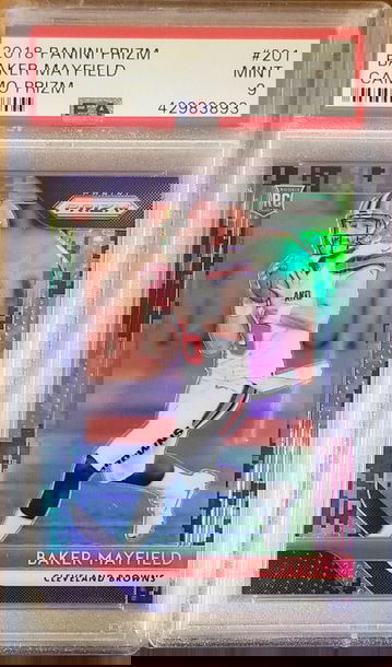 BAKER MAYFIELD 2018 PANINI PRIZM CAMO REFRACTOR ROOKIE RC #/75 PSA 9 BROWNS