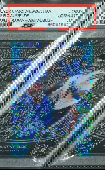 2021 Panini Spectra Justin Fields Rookie Aura Neon Blue 39/60 PSA 10 Gem Mint RC