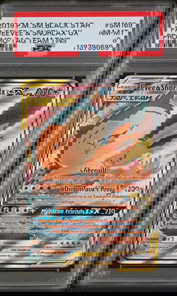 2019 Pokemon Sun and Moon Black Star Promo Tag Team Tins Eevee/Snorlax Gx #SM169 PSA 8