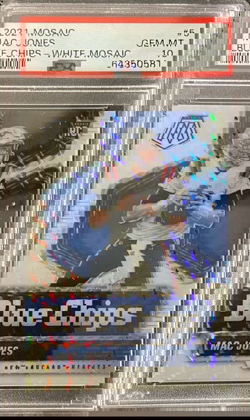 2021 Panini Mosaic Mac Jones RC Blue Chips - White Mosaic 2/25 PSA 10