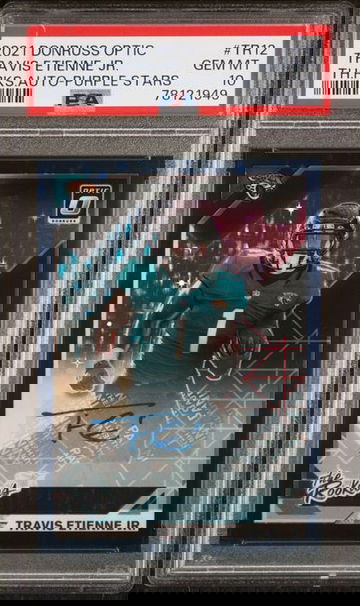 2021 Panini Donruss Optic Travis Etienne Purple Stars /25 The Rookies Auto PSA 10 