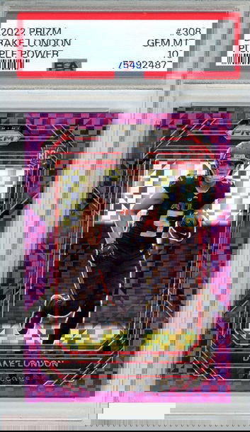 2022 PANINI PRIZM DRAKE LONDON #308 PURPLE POWER 23 OF 49 ROOKIE RC PSA 10