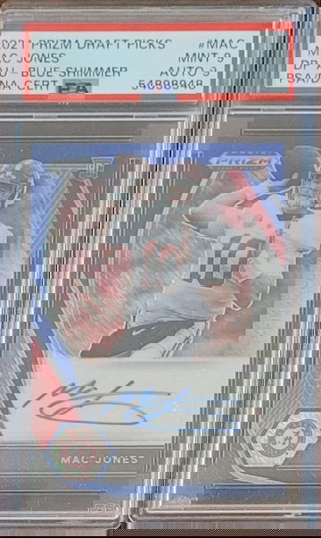 2021 Panini Prizm D.P. Mac Jones Blue Shimmer Auto /13 PSA 9/9