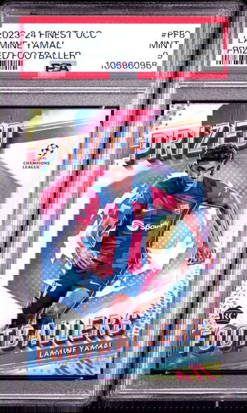 2023-24 TOPPS FINEST UCC PRIZED FOOTBALLER #PF8 LAMINE YAMAL RC PSA 9 BARCELONA