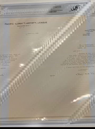 Hockey’s Rarest Signature, 1931 Letter PCHL Pacific Coast Hockey League auto by Frank Patrick BAS Authentic