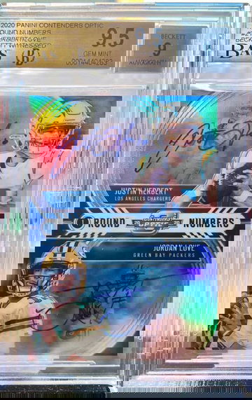 2020 Contenders Optic JUSTIN HERBERT / JORDAN LOVE Round Numbers Dual Rookie RC On-Card Auto - BGS 9.5 GEM MINT