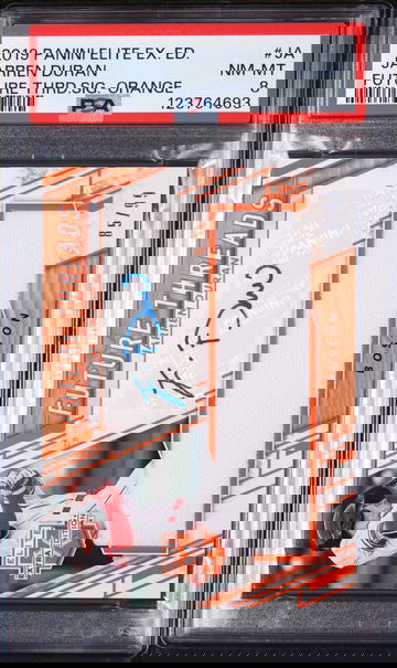 2019 Panini Elite Extra Edition Future Threads Signatures Orange Jarren Duran #JA /99 PSA 8