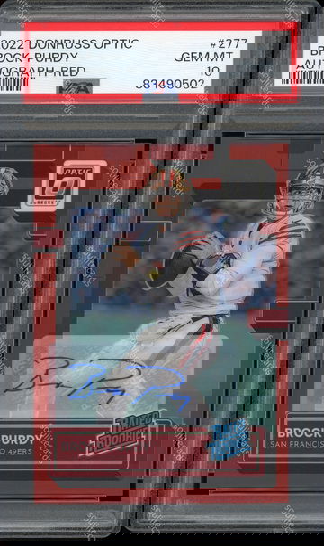 2022 BROCK PURDY PANINI DONRUSS OPTIC 277 AUTOGRAPH RED PRIZM /75 RC PSA 10