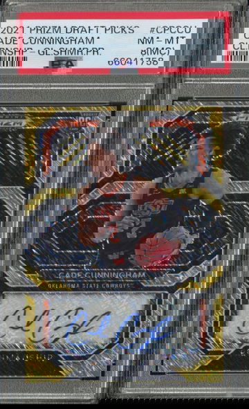 2021-22 Panini Prizm Draft Cade Cunningham RC Gold Shimmer Auto 7/10 PSA 8 NM-MT