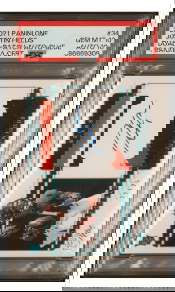 2021 Panini One Justin Fields Dual Patch Auto Blue /25 PSA 10/10