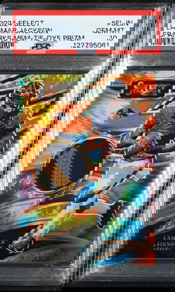 2024 Panini Select Sparks Tie-Dye Prizm Lamar Jackson #S-LJN Patch /25 PSA 10