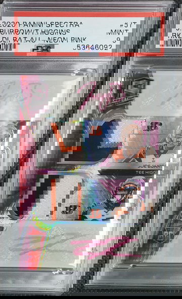 2020 Spectra Joe Burrow Tee Higgins Rookie Dual Patch Auto Neon Pink /20 PSA 9