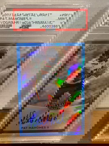 Patrick Mahomes Leaf Metal Draft Auto RC - Blue Prismatic PSA 9, Beckett 9.5