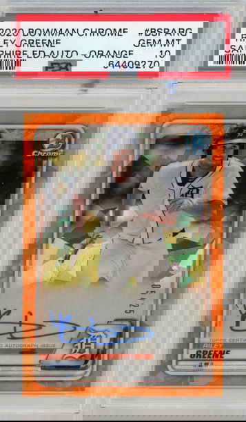 2020 Bowman Sapphire Riley Greene Auto Orange Refractor #'d 5/25 PSA 10 GEM MINT