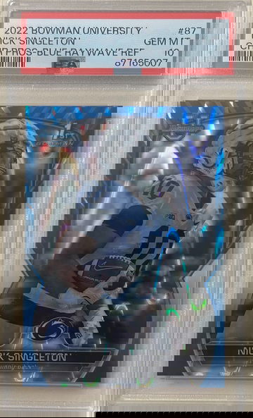2022 Bowman University Nick Singleton Chr Pros-Blue Raywave Ref #87 PSA 10 Gem MT 188/199