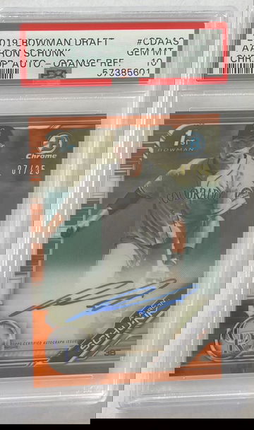 2019 Bowman Draft Aaron Schunk Chrome Draft Picks Auto Orange 7/25 PSA 10