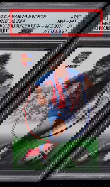 Lionel Messi 2004 Panini Sports Mega Cracks Barca Accion #62 ROOKIE RC PSA 8