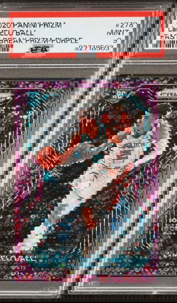 2020-21 Panini Prizm LaMelo Ball Rookie /75 Purple Fast Break Hornets RC PSA 9