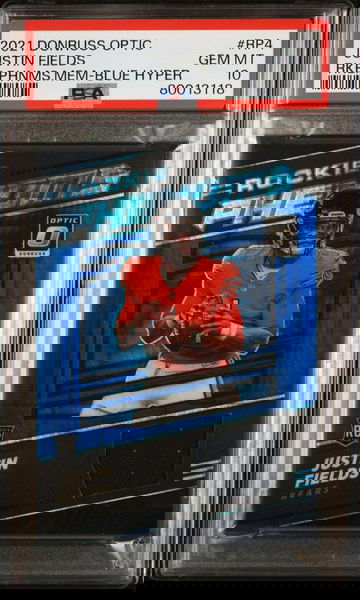 2021 Donruss Optic Rookie Phenoms Jerseys Blue Hyper #4 Justin Fields Rookie RCPSA 10 pop 7