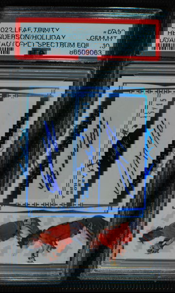 🌟 JACKSON HOLLIDAY / GUNNAR HENDERSON 2022 Leaf Trinity Platinum Spectrum Foil Dual AUTO RC /15 - PSA 10 Pop 1