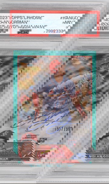 2023 Topps Chrome Rookie Autographs Nolan Gorman Aqua Wave Refractor #/199 PSA 9