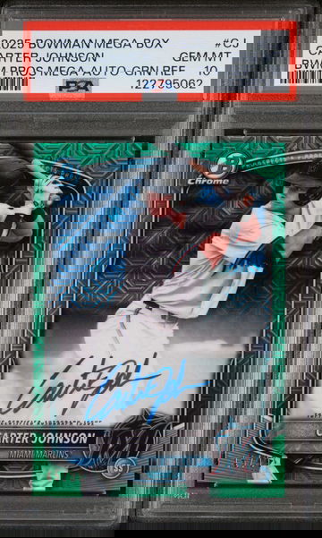 2025 Bowman Mega Box Bowman Prospect Mega Autographs Green Refractor Carter Johnson #CJ /99 PSA 10