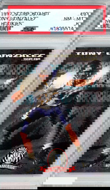 1997 SCORE BOARD NFL ROOKIES TONY GONZALEZ #93 RC CHIEFS PSA 8 NM-MT