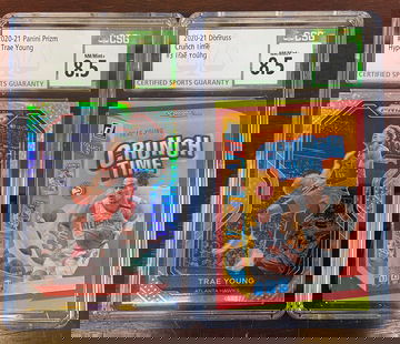 2020-21 Trae Young Lot - Prizm Hyper #64 / Donruss Crunch Time #3 - CSG 8.5 Hawks SP