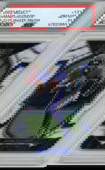 2022 PANINI SELECT DIE CUT WHITE PRIZM #73 LAMAR JACKSON /99 PSA 10