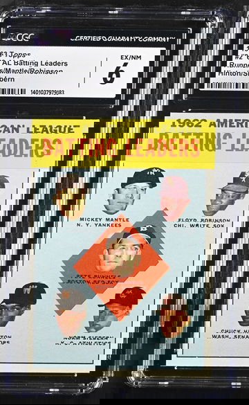 1963 TOPPS '62 AL BATTING LEADERS RUNNELS/MANTLE/ROBINSON HINTON/SIEBERN #2 CGC 6 BS.B1.14