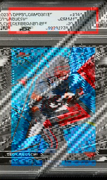 Tedy Bruschi 2023 Topps Finest 214 Blue Checkerboard Refractor 37/75 Card PSA 10