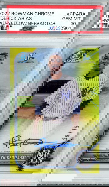 2022 BOWMAN CHROME RODERICK ARIAS #CPARA PRS AU-YELLOW REF 29 OF 75 PSA 10