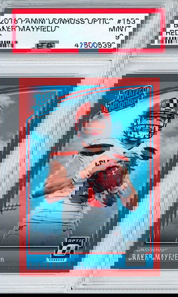 BAKER MAYFIELD 2018 DONRUSS OPTIC RED #d 81/99 PSA 9 MINT (CASE HAS SOME MINOR SCRATCHES LEFT OF ELBOW) (0539)