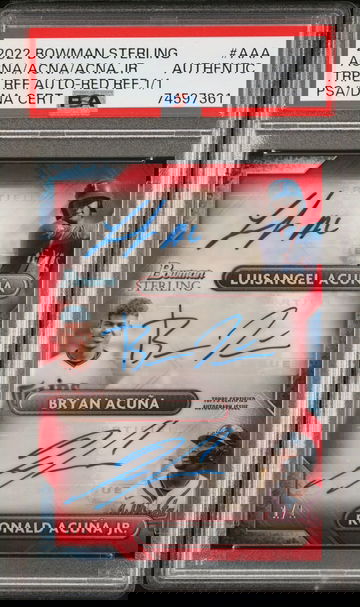 2022 Bowman Sterling Luisangel Acuna, Bryan Acuna, and Ronald Acuna Jr. Triple Red Refractor Auto 1/1 PSA 