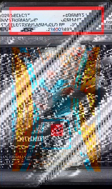 2024 Panini Select Draft Selections Memorabilia Gold Prizm Brian Thomas Jr. #DSMBTJ /100 PSA 10