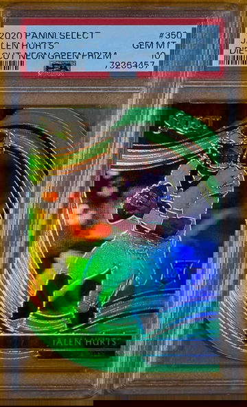 Jalen Hurts 2020 Panini Select Die-Cut Neon Green Prizm RC #350 PSA 10
