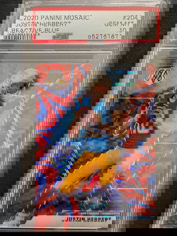 2020 PANINI MOSAIC JUSTIN HERBERT REACTIVE BLUE PSA 10 GEM MINT ROOKIE RC #204